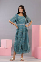 Juniper Women Teal Georgette Foil Printed Draped Jumpsuit | Grocsy