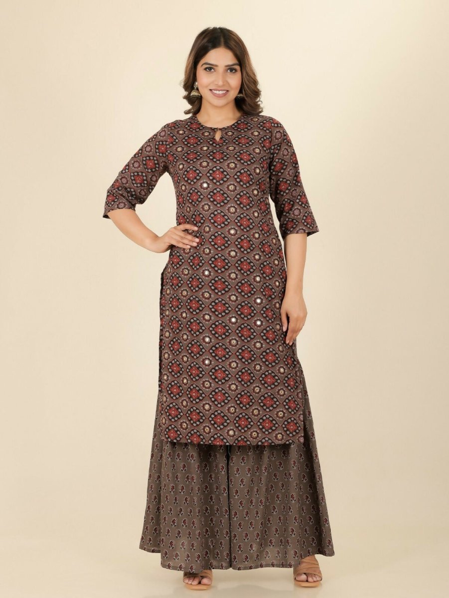 Aramya Brown Soft Cotton Geometric Print Straight Kurta Sharara Set for Women | Grocsy