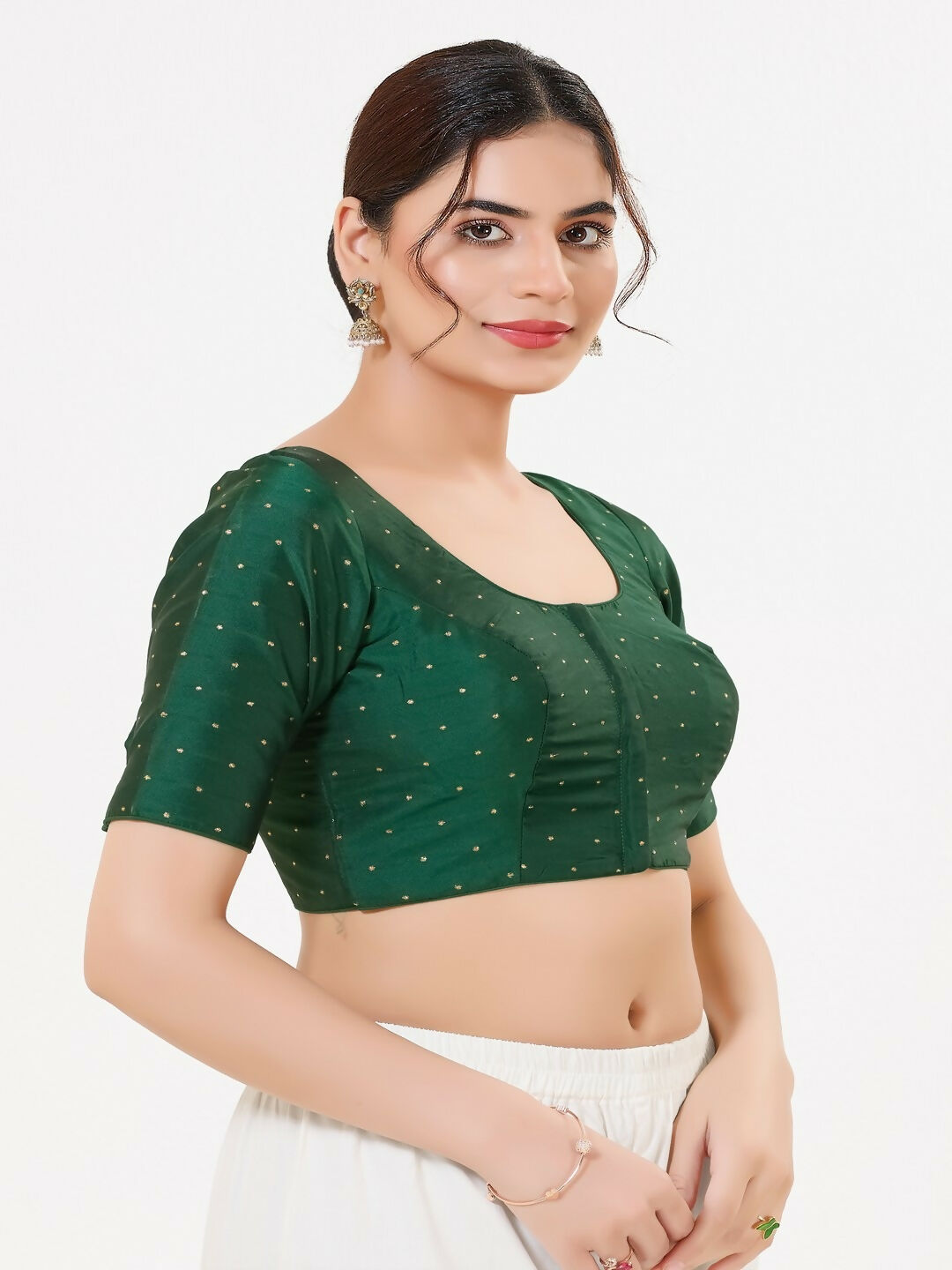 Joban Fashion 2T Bottle-Green Taffeta Silk Elbow Sleeveless Front Open Blouse | Grocsy