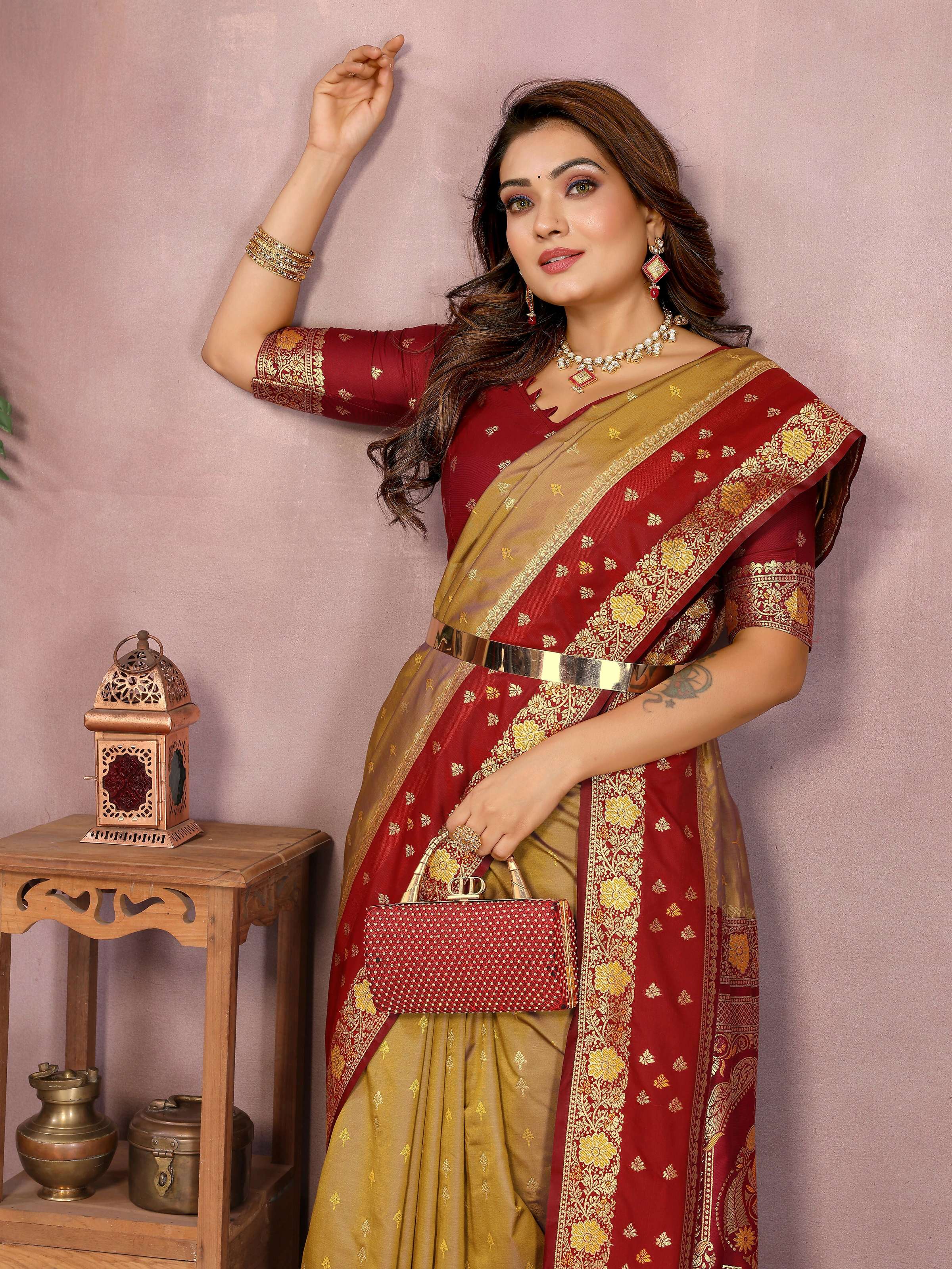 Aastha Fashion Mustard Kalamkari Silk Zari Woven Saree | Grocsy
