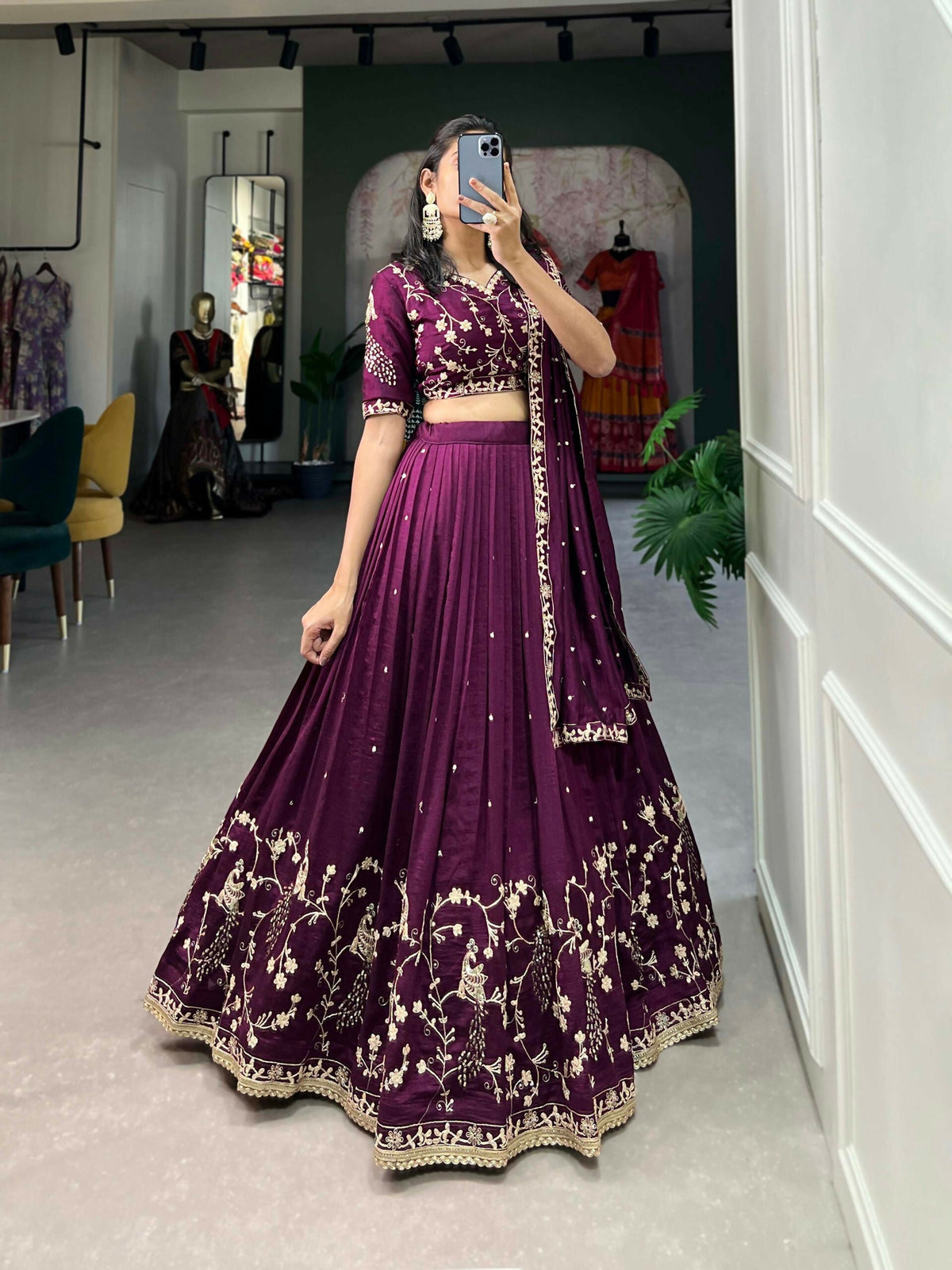 Vastranavya Vichitra Silk Sequins And Thread Embroidery Work Lehenga Choli - Wine | Grocsy