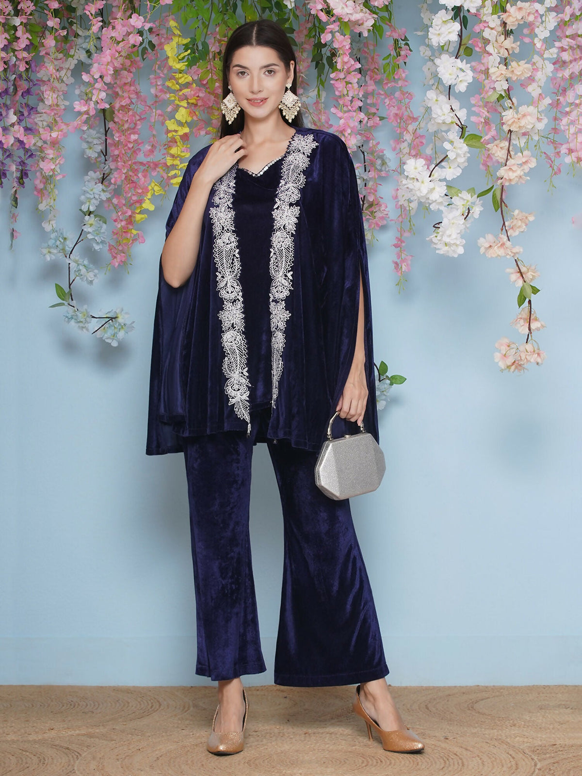 Joban Fashion Navy Blue Velvet Cape Set | Grocsy