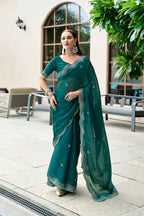 Vastranavya Rama Embroidery Work Shimmer Chiffon Saree with Unstitched Blouse | Grocsy