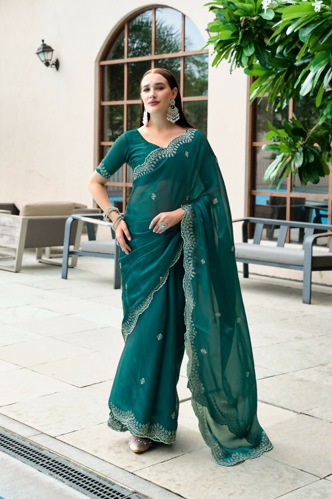 Vastranavya Rama Embroidery Work Shimmer Chiffon Saree with Unstitched Blouse | Grocsy