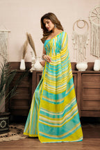 Joban Fashion Yellow Striped (Leheriya) Linen Ready To Wear Saree With Unstitched Blouse | Grocsy