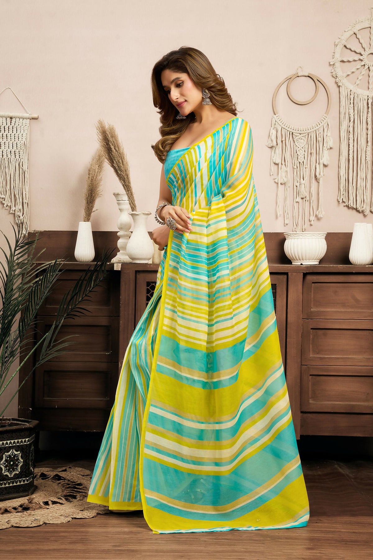 Joban Fashion Yellow Striped (Leheriya) Linen Ready To Wear Saree With Unstitched Blouse | Grocsy