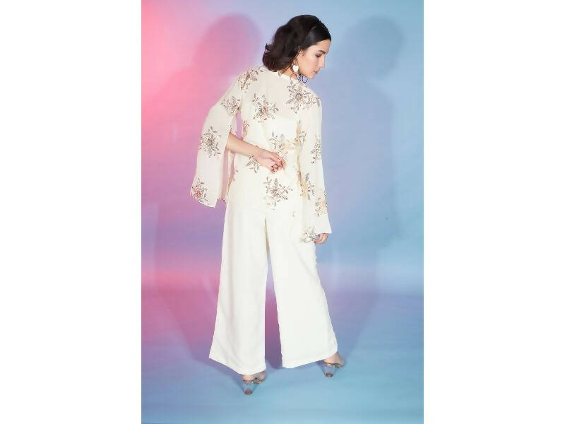 Off White Georgette Sequence With Thread Designer Co-Ord Set - Flory | Grocsy