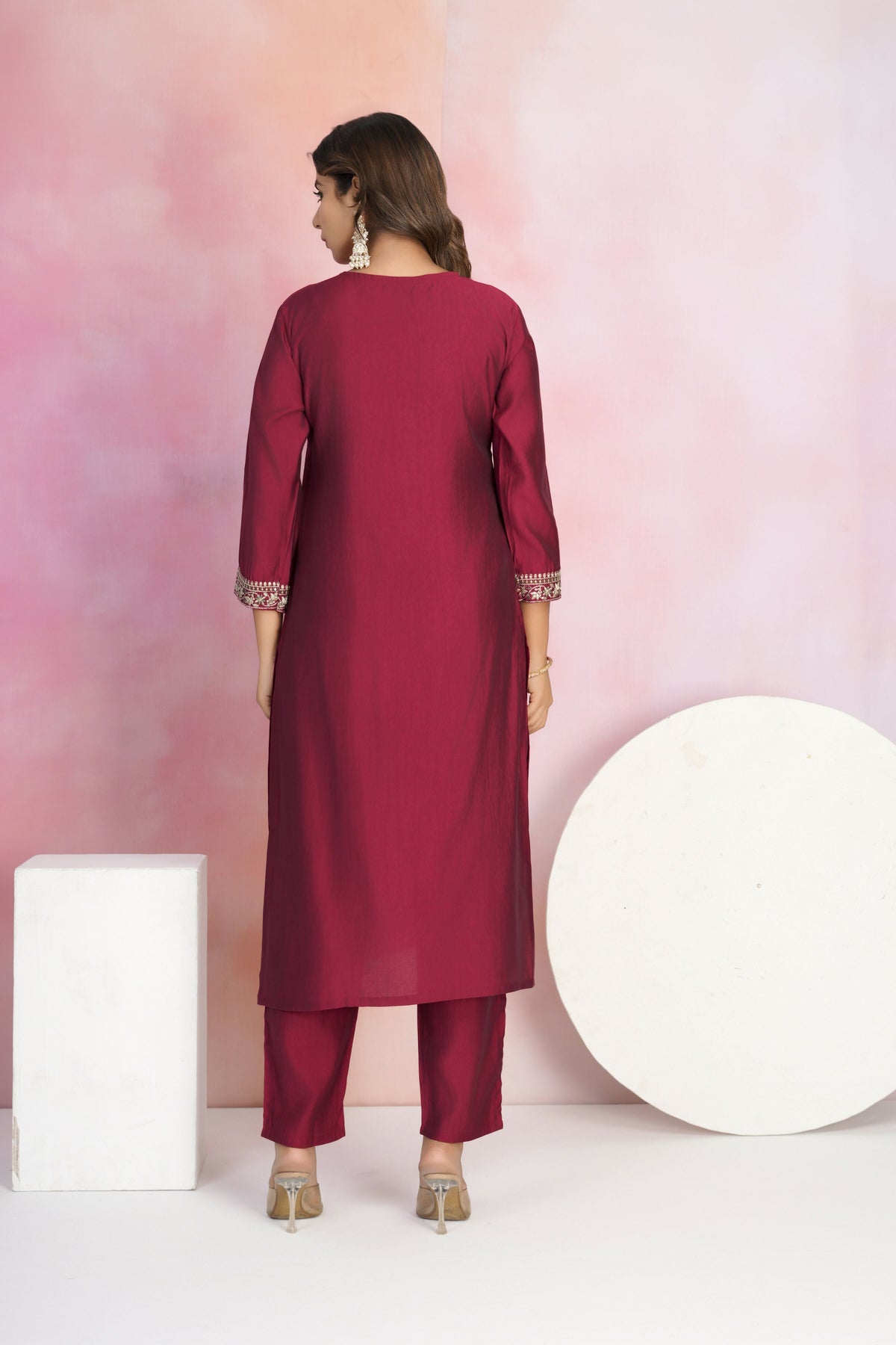 Ethnic Festive Wear Viscose Chanderi Maroon Stitched Suit With Dupatta - Tanisha | Grocsy