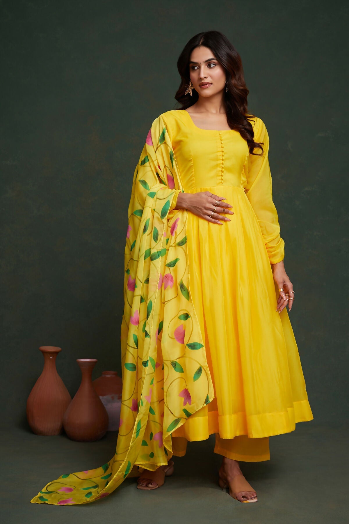 Aayaa Viscose Organza Dyeable Hand Painted Suit - Lemon Yellow | Grocsy