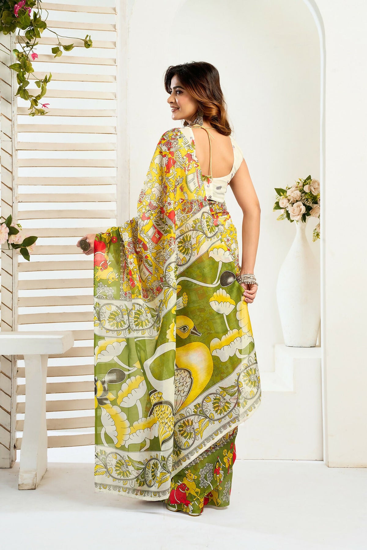 Vastranavya Yellow Digital Printed Linen Ready To Wear Designer Saree with Unstitched Blouse | Grocsy