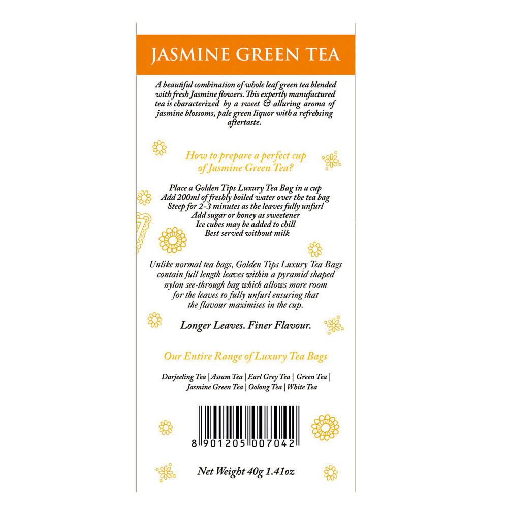 Golden Tips Jasmine Green Tea Pyramid Tea Bags | Grocsy