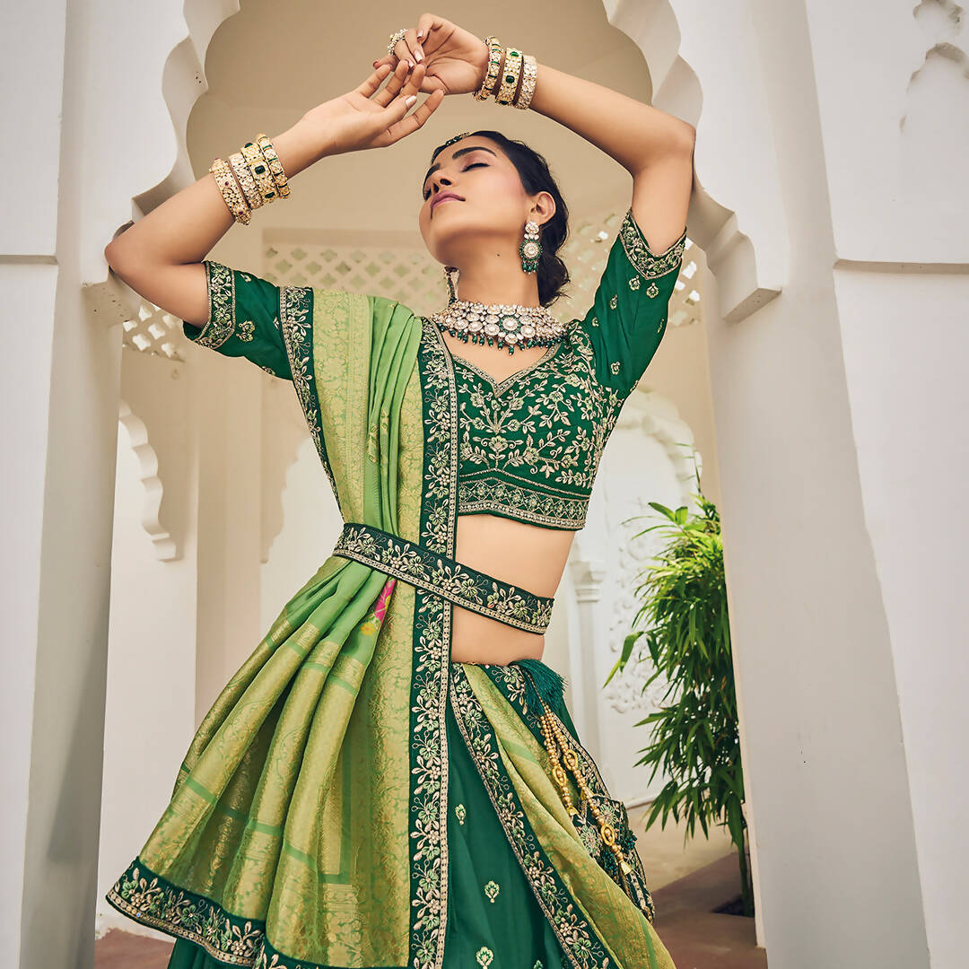 Green Heavy Viscose Khatli, Embroidery & Mirror Work Unstitched Lehenga Choli - Sisha Keshav | Grocsy