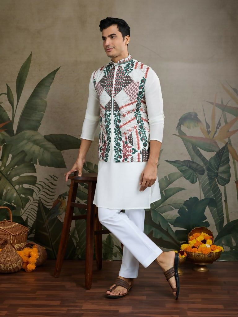 Vastranavya White Exclusive Festival Viscose Silk Thread & Swarovski Embroidered Work Mens Wear Kurta & Koti | Grocsy