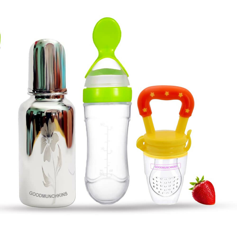Goodmunchkins Stainless Steel Feeding Bottle, Food Feeder & Fruit Feeder Combo for Baby-(Green-Yellow, 220ml) | Grocsy