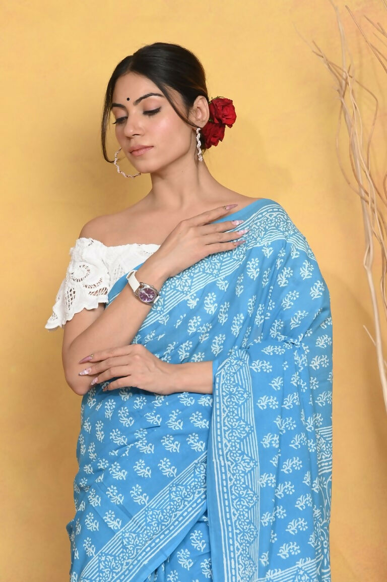 Very Much Indian Handblock Printed Cotton Saree With Natural Dyes - Sky Blue | Grocsy