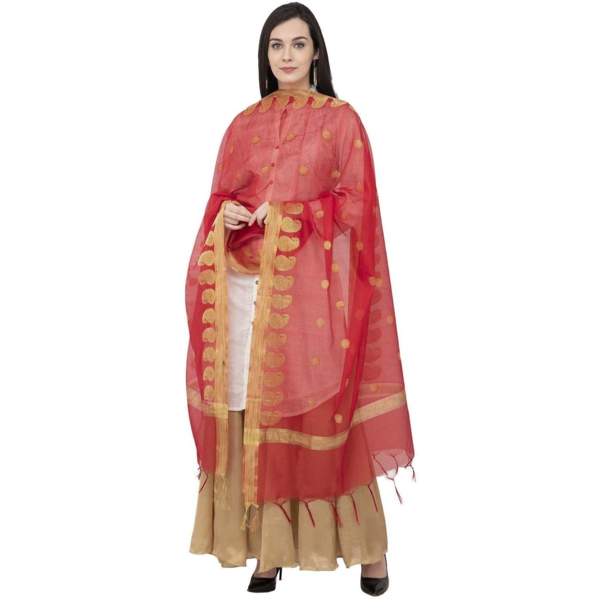 A R Silk VNS Ambi Border Fancy Dupatta Red Color Dupatta or Chunni | Grocsy