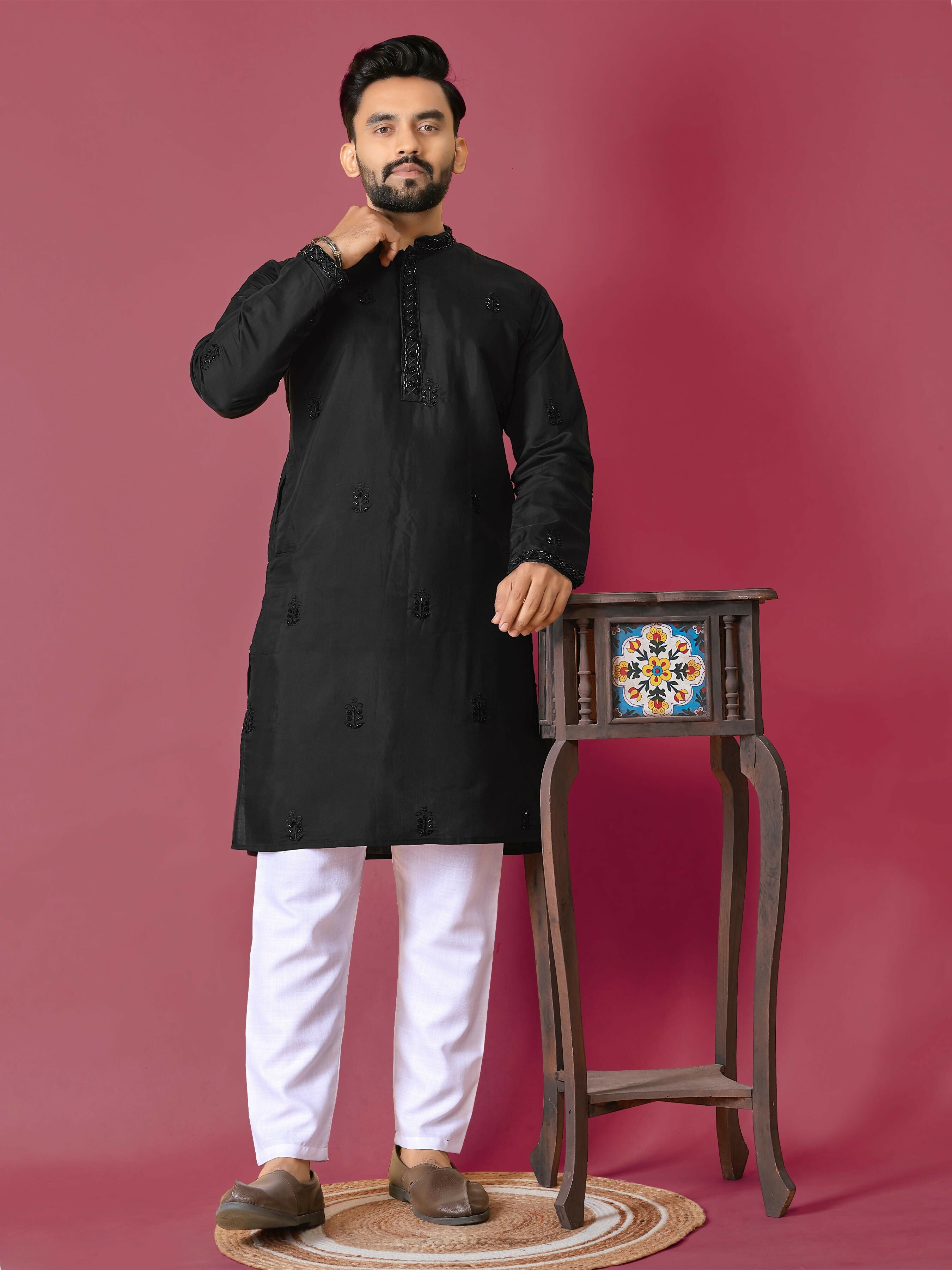 Black Color Men's Kurta Pajama Set by Infinity Export | Grocsy