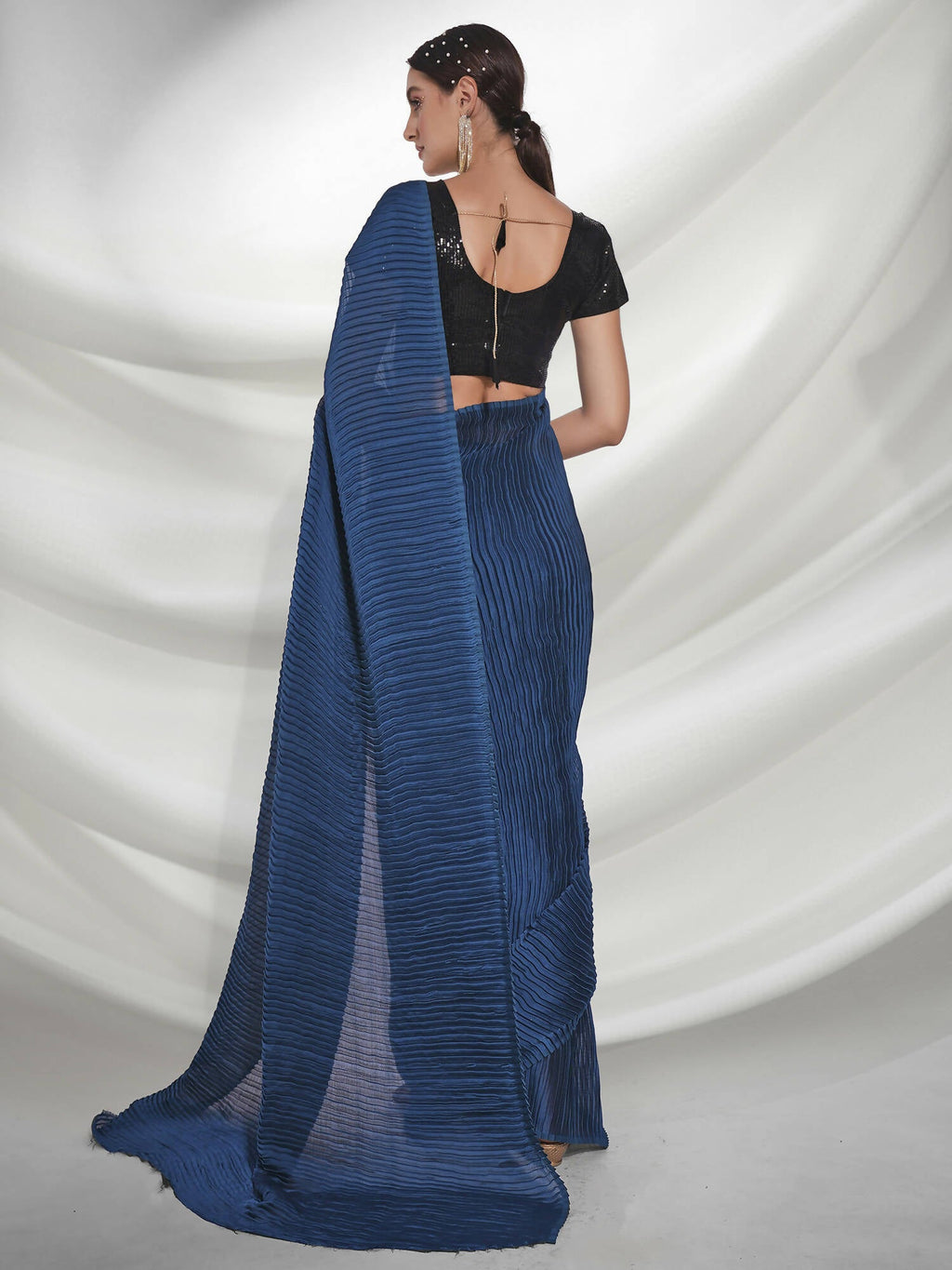 Teal Georgette Solid Texture Saree With Unstitched Blouse Piece - Rajal | Grocsy