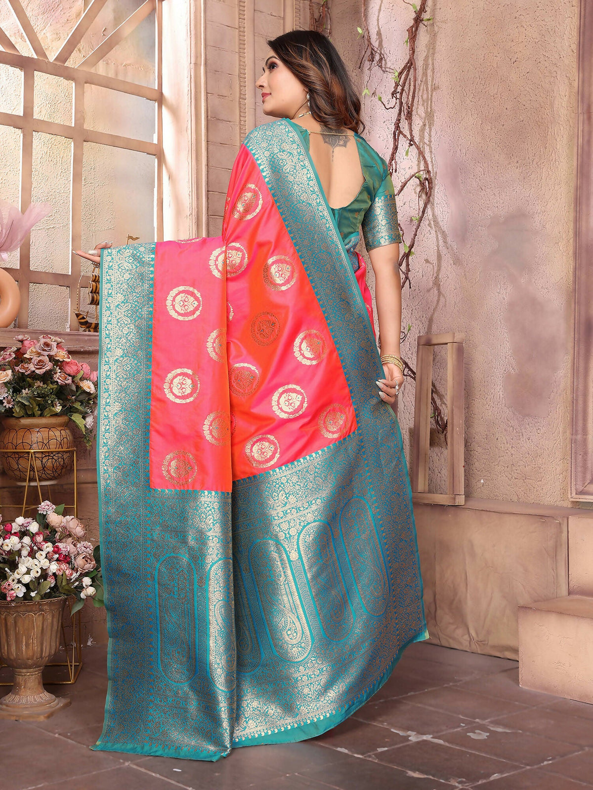 Joban Fashion Pink Banarasi Soft Silk Woven Saree | Grocsy