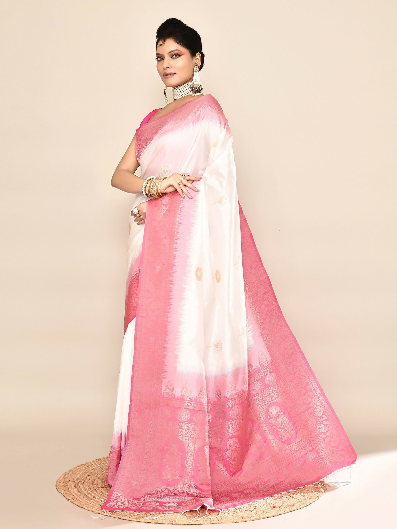 Joban Fashion White & Rani Pink Plain With Weaving Border Banarasi Silk Sarees | Grocsy