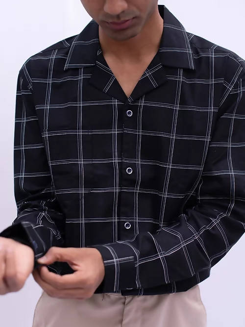 Diva Globe Cotton Black Checkard Lapel Collar Shirt | Grocsy