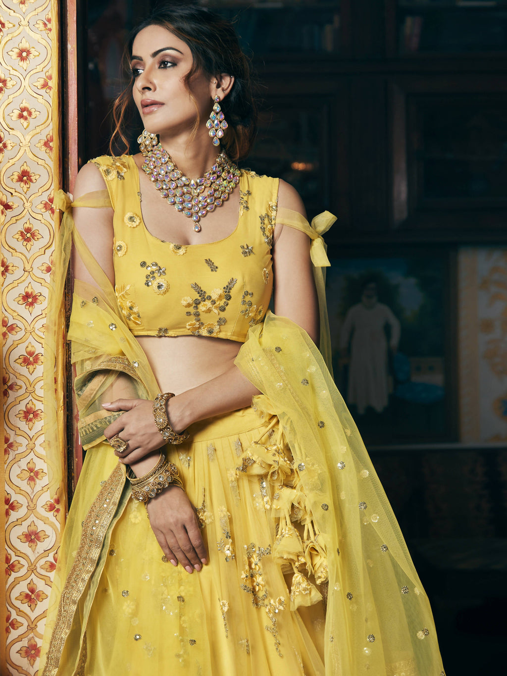 Wedding Designer Sequene Zari Resham Embroidery Yellow Net Lahengha Choli - Anbazaar | Grocsy