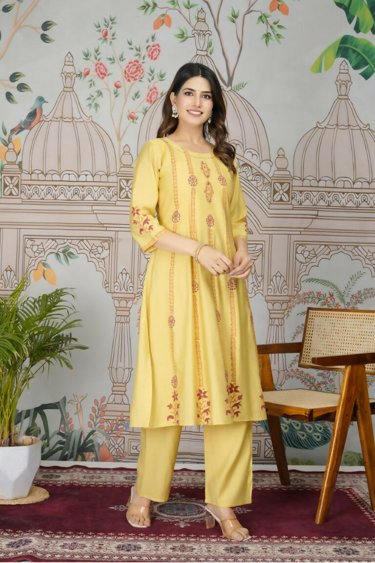 Ethnic Festive Wear Viscose Roman Silk Yellow Stitched Pant Pair - Rashmika | Grocsy