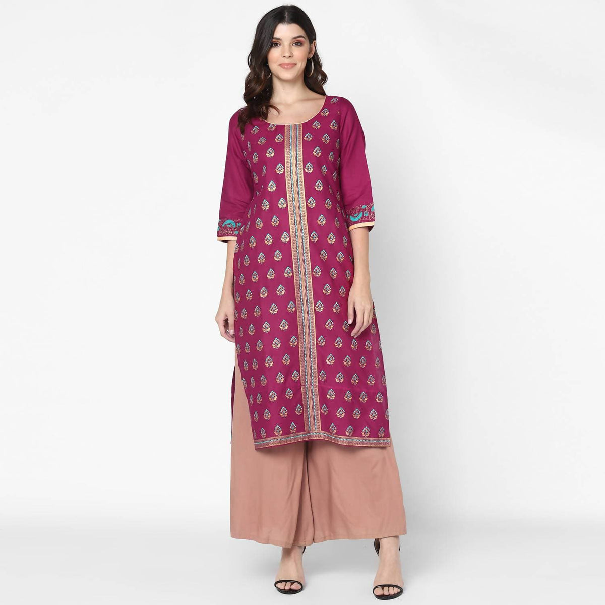 Cheera Hand Block Print Purple Straight Kurta (MAAI-049K) | Grocsy