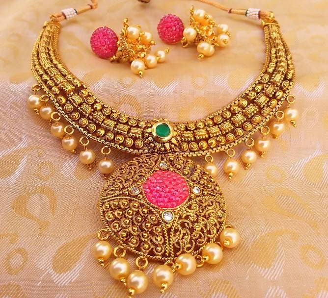 Multicolor Antique Necklace Set with Pearl Drops | Grocsy