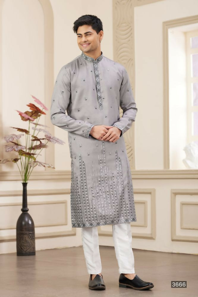 Raivat Ethnic Art Silk Thread Work Kurta Pajama In Grey Colour | Grocsy