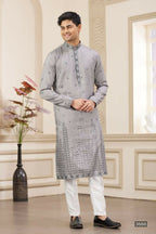 Raivat Ethnic Art Silk Thread Work Kurta Pajama In Grey Colour | Grocsy