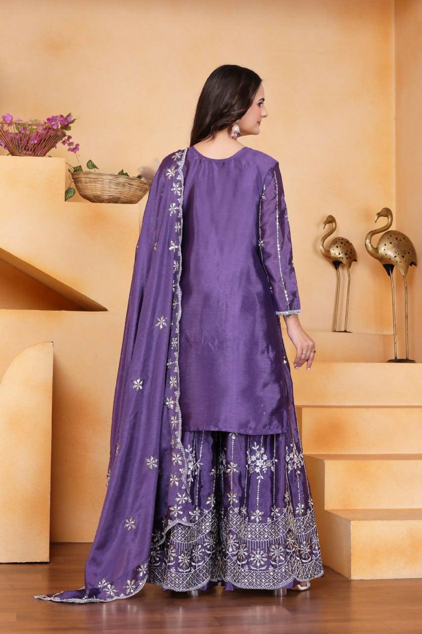Joban Fashion Purple Silk Embroidered Sharara Set | Grocsy