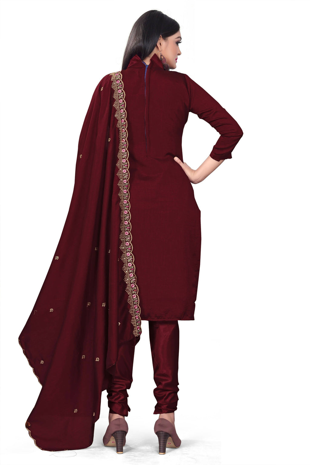 Maroon Silk Embroidered with Sequins work Unstitched Dress Material - Tanvi | Grocsy