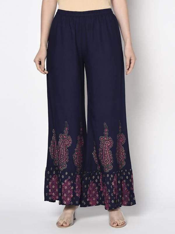 Aniyah Rayon Navy Blue Color Block Print Flared Slip-On Palazzo (AN-216K) | Grocsy