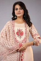 Juniper Women Ecru Muslin Floral Printed Kurta, Pants and Dupatta Set | Grocsy