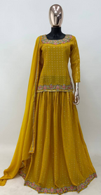Lorenvalley Fashion Yellow Chinon Embroidery with Sequince Work Salwar Lehenga Stitched | Grocsy