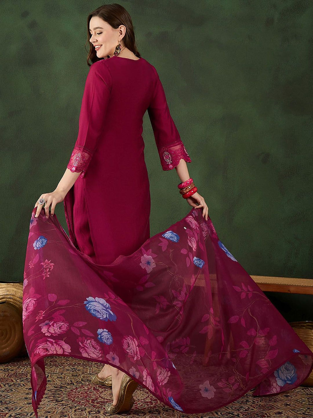 Sangria Embroidered Kurta & Trouser With Dupatta | Grocsy