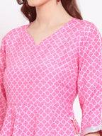 Indian Clothing Myshka Women's Pink Printed Cotton Blend 3/4 Sleeve V Neck Casual Anarkali Kurta Dupatta Set | Grocsy