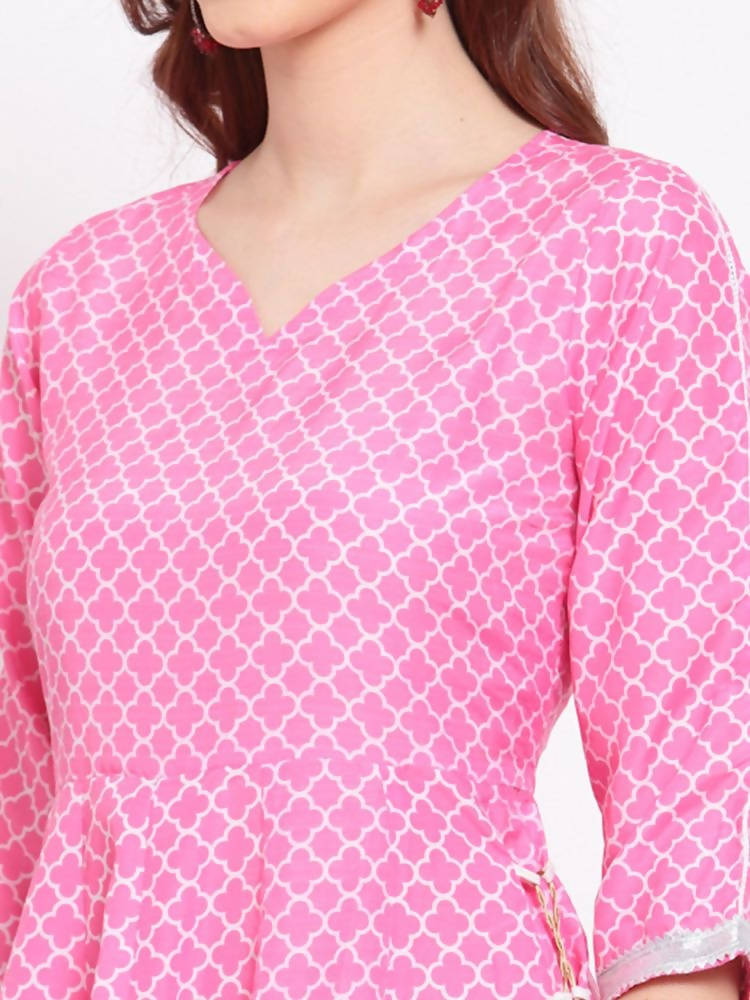 Indian Clothing Myshka Women's Pink Printed Cotton Blend 3/4 Sleeve V Neck Casual Anarkali Kurta Dupatta Set | Grocsy