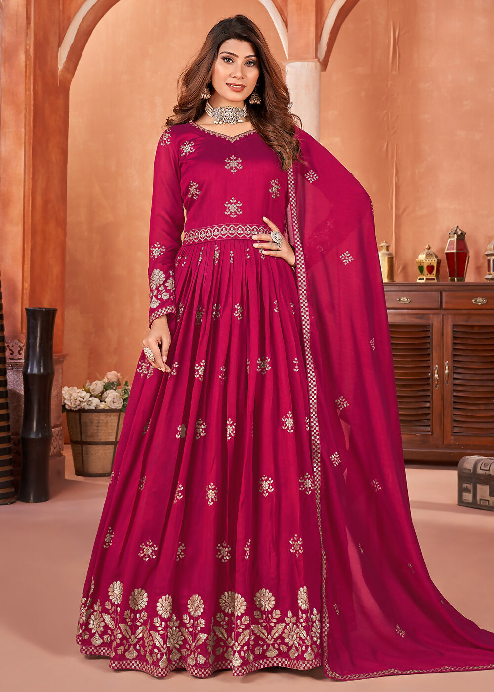 Hot Pink Festive Embroidered Art Silk Anarkali Suit - Emponline | Grocsy