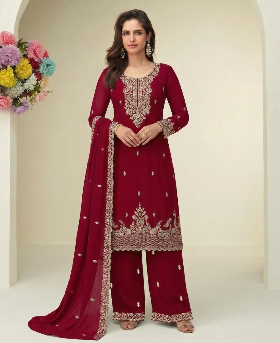 KC Dark Pink Georgette Heavy Embroidered Fancy Suit For Women | Grocsy