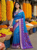 Shree Shyam Fashion Blue Pochampally Silk Saree | Grocsy