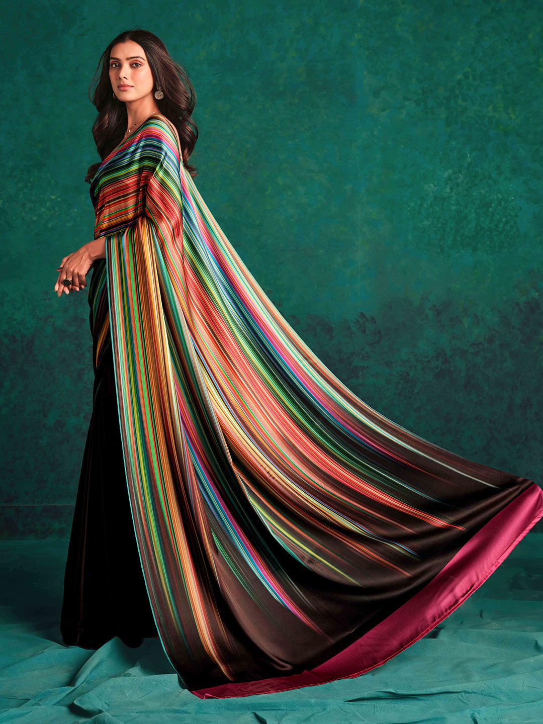 Sangria Striped Digital Printed Satin Saree | Grocsy