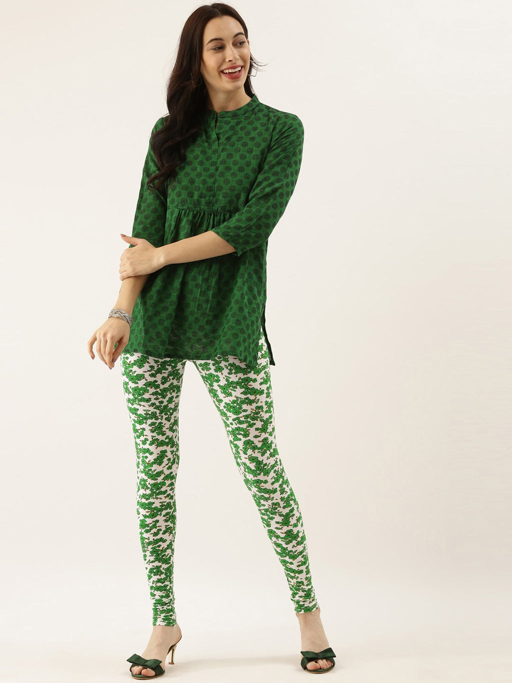 Souchii White & Green Printed Ankle-Length Leggings | Grocsy