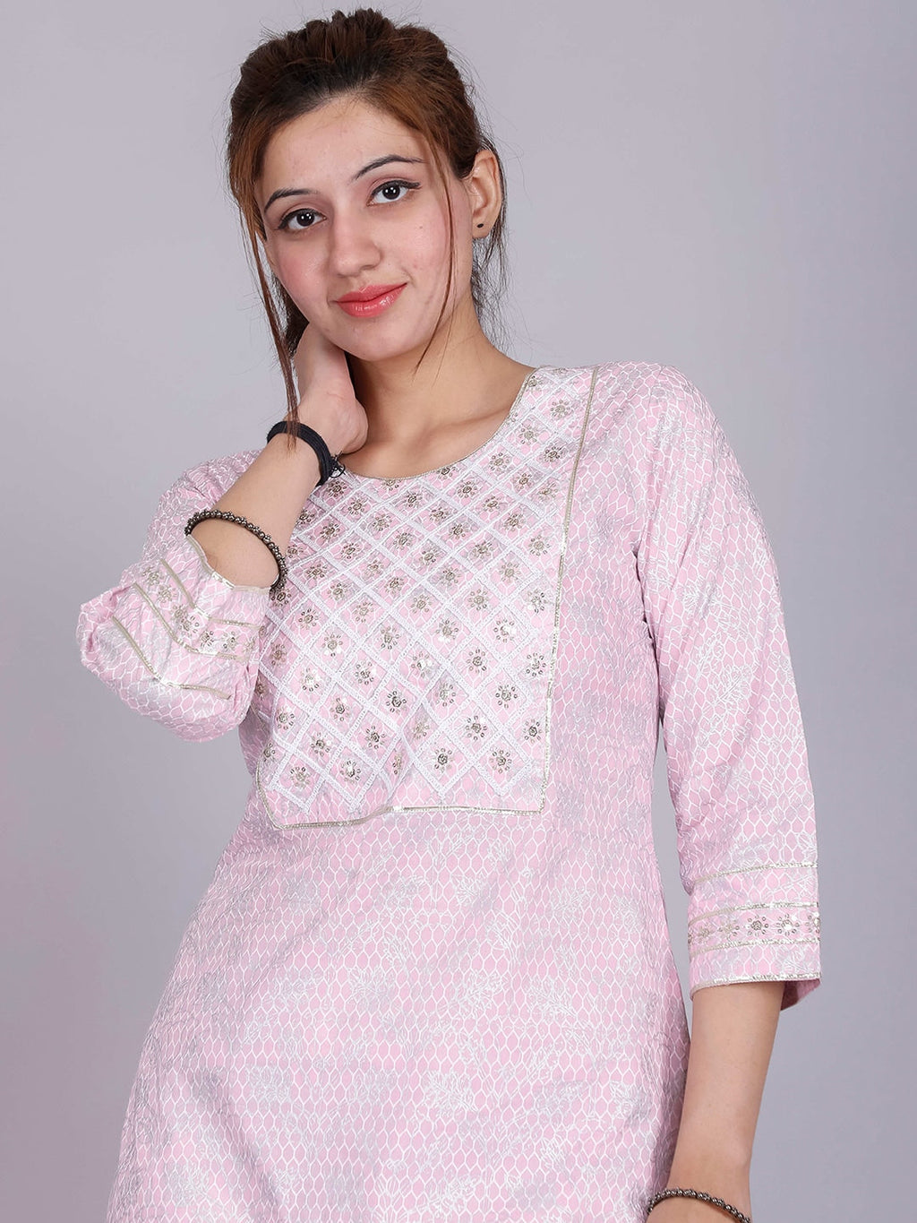 HERE&NOW Pink Ethnic Motifs Embroidered Sequinned Pure Cotton Kurta with Palazzos | Grocsy