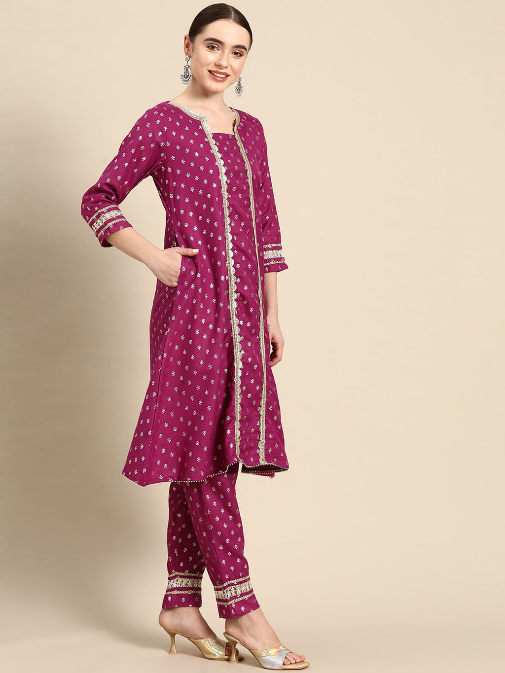 Sangria Ethnic Motifs Printed Gotta Patti Pure Cotton Kurta with Trousers & Dupatta | Grocsy