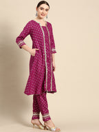 Sangria Ethnic Motifs Printed Gotta Patti Pure Cotton Kurta with Trousers & Dupatta | Grocsy