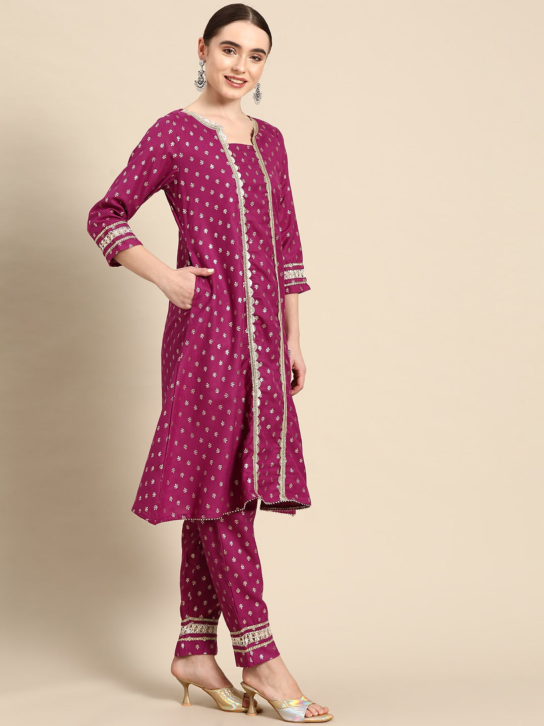 Sangria Ethnic Motifs Printed Gotta Patti Pure Cotton Kurta with Trousers & Dupatta | Grocsy