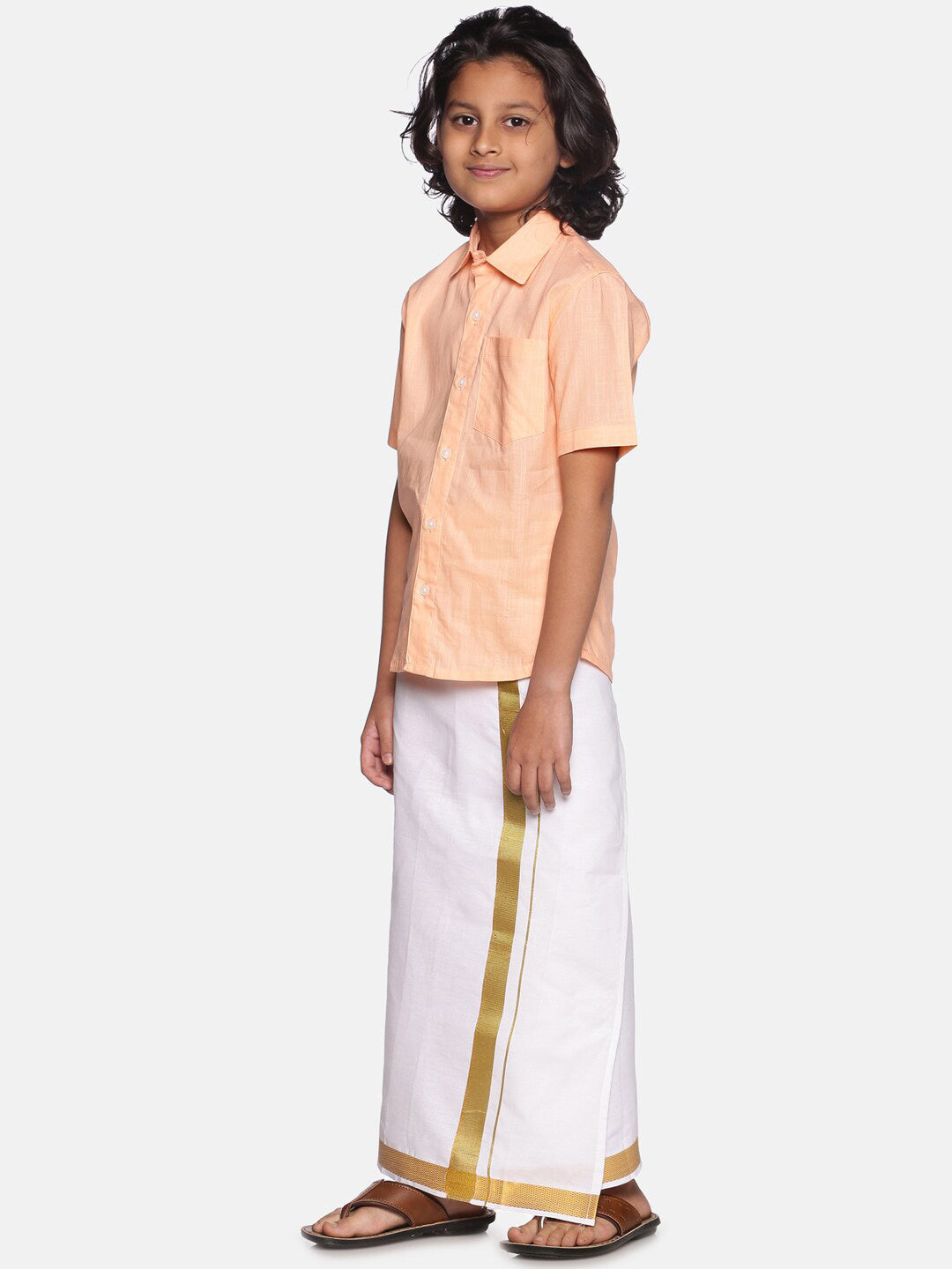 Sethukrishna Boys Orange & White Solid Cotton Shirt & Dhoti Set | Grocsy