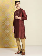 House of Pataudi Men Maroon Floral Yoke Design Jashn Kurta | Grocsy